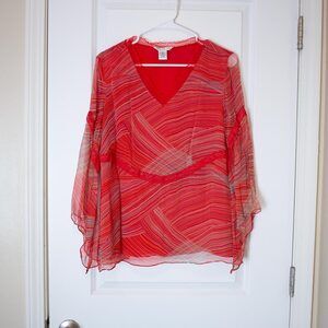 Sheer Red Swirl Silk Blouse Richard Malcolm Bell Sleeve V Neck L | True Spring